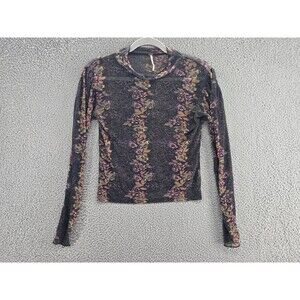 Free People Top Women's XS Floral Sheer Mesh Long Sleeve Shirt Black Pink